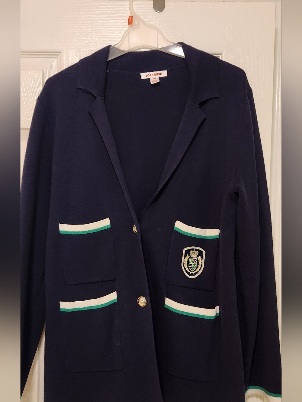 Joe Fresh Navy Knit Blazer with Crest and Contrast Trim